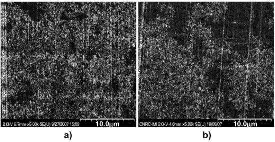 Fig. 2 SEM micrographs of ultramicrotomed surfaces of PC/5 wt.% MWCNT nanocomposites prepared at a 210 ◦ C and b 250 ◦ C a) b)10.0μμm 10.0μm