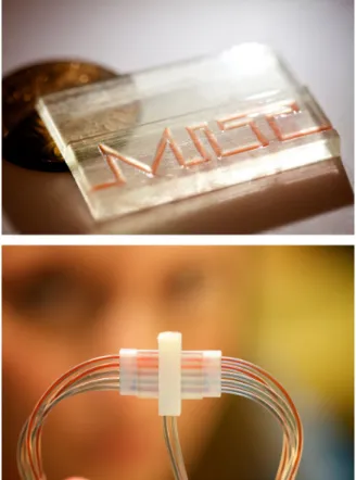 Figure 18-10. Microfluidic devices are additively fabricated using a Stratasys  Objet500 Connex printer in both single material (top) and multimaterial  modes (bottom)
