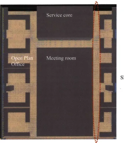 Figure  11:  CFD  model  of cross-ventilation  in  plan  of a  typical  floor plate  shows little stagnation in the area circled  in  red - the SE open plan offices