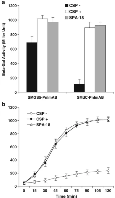 Fig. 4. Constructed lacZ reporter strains, SMdC-PnlmAB and SMGS5-PnlmAB, express predicted β-gal activity in response to CSP or agonist SPA-18
