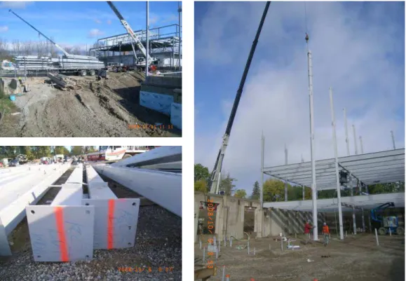 Figure 2 : Top left picture shows the steel assemblies received at a construction site on  trailers