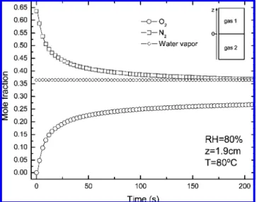 Figure 4. Concentration (mole fraction) evolution of O 2 at z) 1.9 cm for RH ) 0% and RH ) 80% at T ) 80 °C, calculated using both the ternary model and binary model.