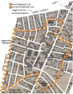 Figure 3.12:  Target area  and  location of housing purchases. The Kilby St.  purchases  (upper right) were part  of the KGH  revitalization project, for which  Clark made an exception to the established  boundary.