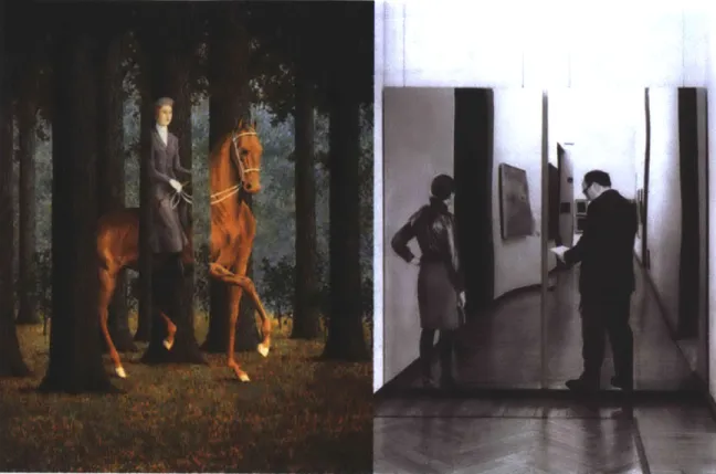 Figure 4:  From  left:  Ren6  Magritte,  &#34;The Blank  Cheque&#34;  (1965,  oil on  canvas) [National Gallery  of Art, Washington,  D.C.],  and  Michelangelo  Pistoletto, &#34;The  Visitors&#34;  (1962-1968,  figures painted  on tissue
