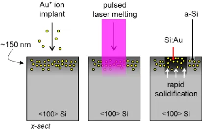 Figure 2.1. Si:Au fabrication by ion implantation followed by pulsed laser melting 