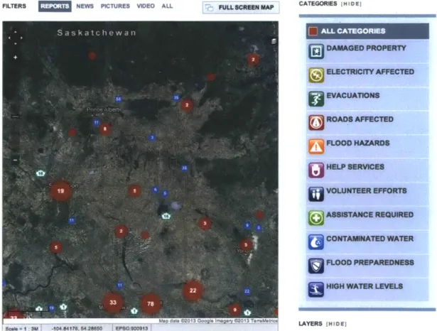 Figure  5:  Screenshot  of  Crowdmap  (Ushahdidi  platform)  of  a crisis  map  for  the  Saskatchewan  floods, 2013