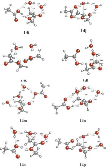 Table 7 lists the D G and D G { at 298 K calculated for species involved in Scheme 8, which were then used to  cal-culate the partial and overall rate constants of hydrolysis of 1 mol/L methyl acetate in the presence of 1 mol/L acetic acid by a trivial ext
