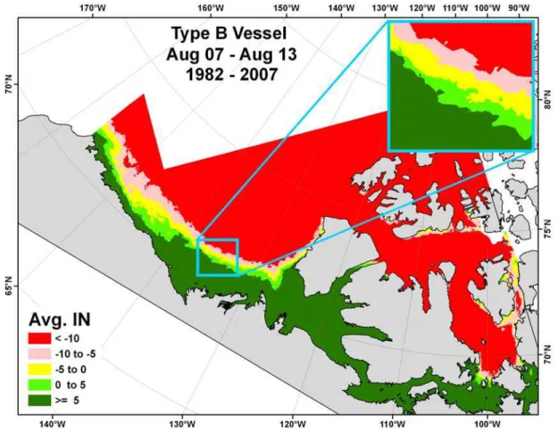 Figure 7: Results of the analysis showing the regions where navigation is allowed  (given by the green colours) and those where it is not allowed (given by  the yellow, pink and red colours) for a Type B vessel in the western  Arctic during the second week