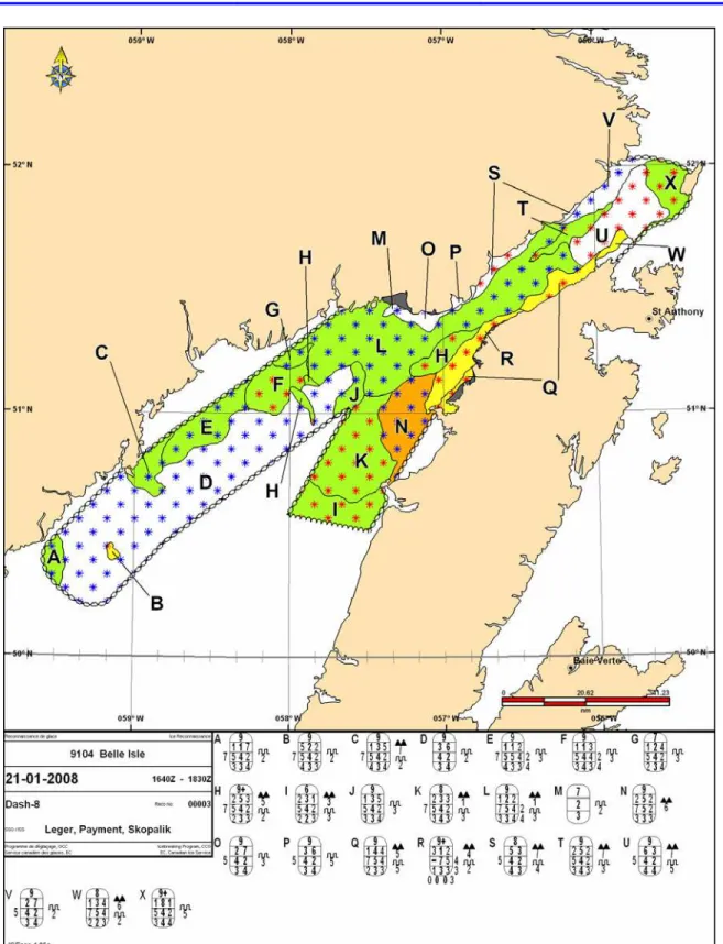 Figure 2: Reconnaissance chart presenting detailed ice conditions in the Strait of  Belle Isle at the start of simulation (January 21, 2008) 