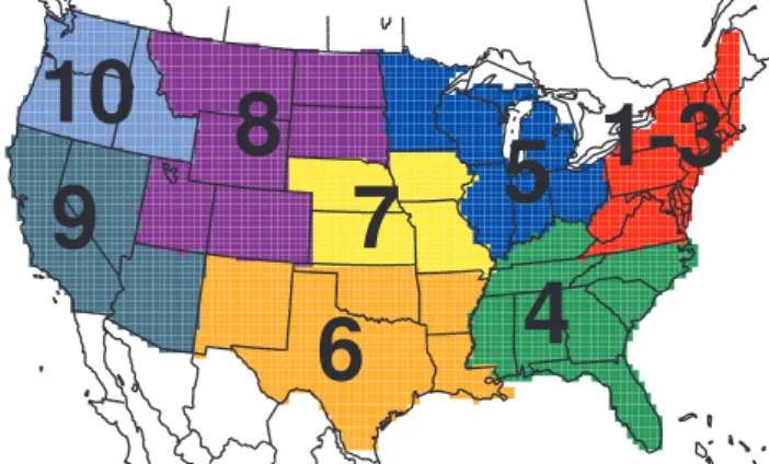 Fig. 1. EPA regions for the continental United States. Note that for simplicity Regions 1, 2, and 3 are treated as a single combined region (1-3).