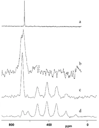 Figure 10. 113 Cd MAS NMR spectra of (a) bulk hexagonal CdSe, 17 (b) CdSe regular quantum dots with TOP/TOPO capping agent (also hexagonal structure), 17 (c) Family 463 with high power decoupling (HPDEC, spin rate 6.6 kHz), and (d) Family 463 using CP/MAS 