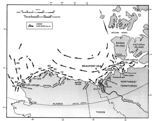 Figure 9: Mean general summer circulation of the surface water in the Beaufort  and Chukchi Seas (after Beaufort Sea EIS, 1982)