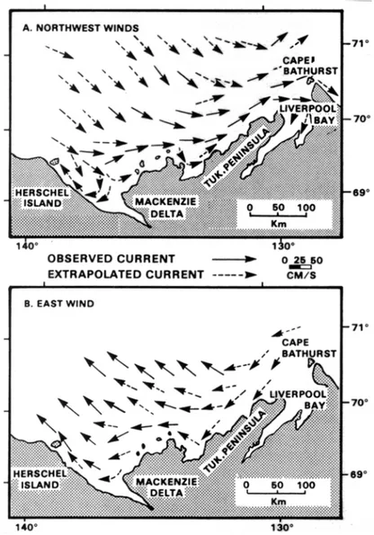Figure 10: Surface circulation in the south-eastern Beaufort Sea for northwest  and east winds from surface drift studies (after McNeill and Garrett,  1975)
