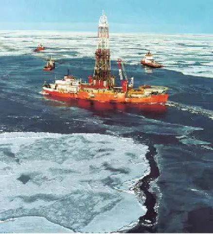 Figure 13: Photograph of a drillship in the Beaufort Sea. There were three of  these ice-strengthened drill ships operated by Canmar
