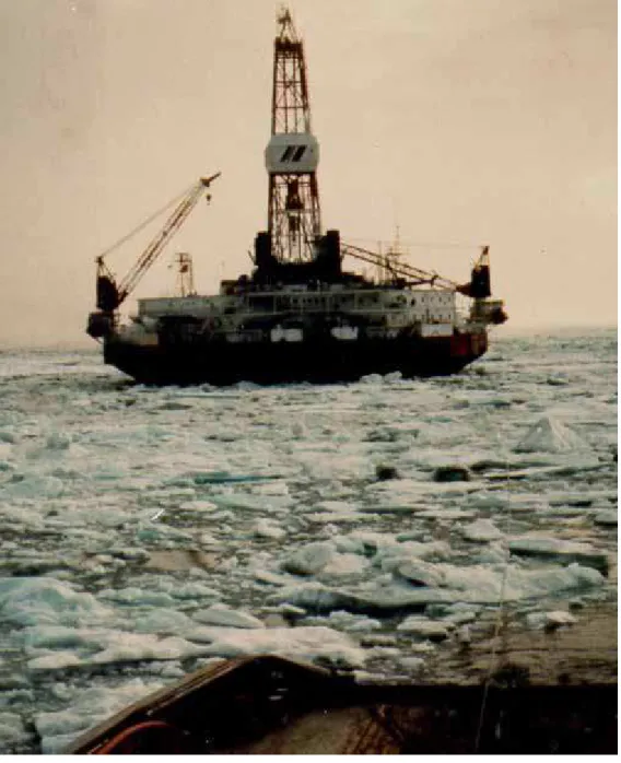 Figure 14: Kulluk in 8/10's ice under tow to a drill site. 