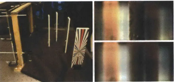 Figure  3-7:  Synthetic  aperture  refocusing  with  orthographic  imagery.  (Left)  A  scene  com- com-posed  of three  textured  cards  (center  card  has  a  printed  resolution  test  chart  shown  facing camera  on  the  left)