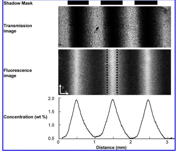 Figure 4 . Transmission (top) and fluorescence (middle) images of a section of the patterned film after 120 min photoirradiation