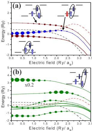 FIG. 4. 共Color online兲 Emission spectra of 共a兲 the positively charged exciton X + in a singlet and triplet hole configurations and 共b兲 the triplet-triplet biexciton XX−TT as a function of the lateral electric field