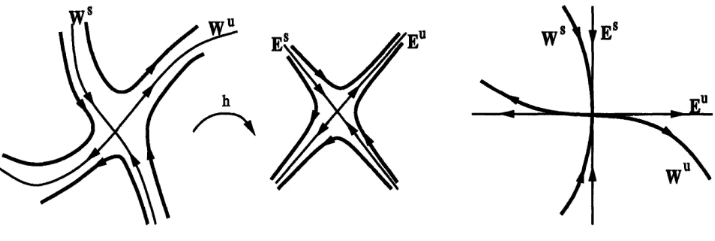 Figure  2-7:  Nonlinear  and  linearized  flow  near  an  hyperbolic  equilibrium  point  (left).