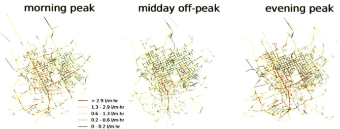 Figure  3-3:  Choropleth  Maps of fuel consumption rates  [Liter/meter.hour]  by the  StreetSmart  model on  streets  matched  with  GPS  data  for  typical  time  periods  morning  peak  (8  - 9  AM)  weekdays, midday  off-peak  (12  - 13  PM)  weekdays, 