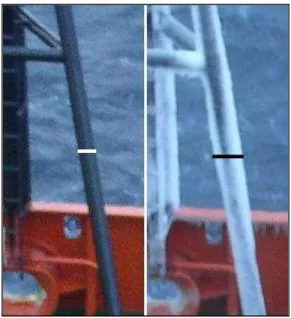 Figure  5.    Example  of  an  icing  measurement obtained manually. The  left  image  shows  a  structural  component’s  horizontal  width  at  the  measurement  location  (white  line)  and  the  right  image  shows  the  width  including the ice layer d