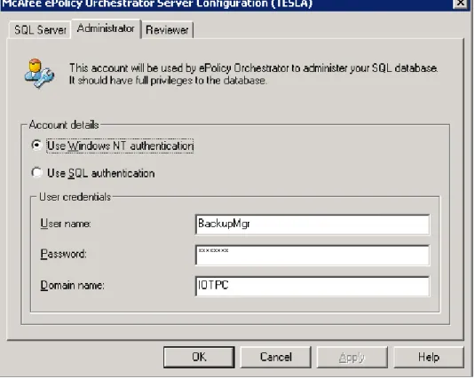 Figure 3  –  McAfee Authentication Settings 