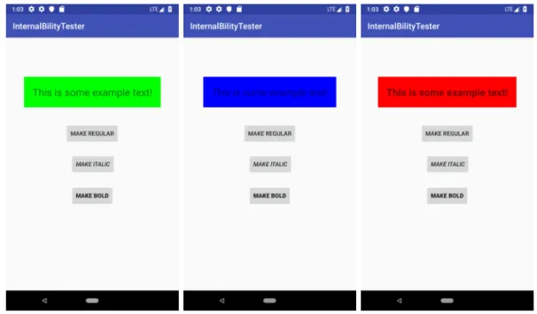 Figure 4-2: The three main states of the text switcher application, each navigated to using the buttons.