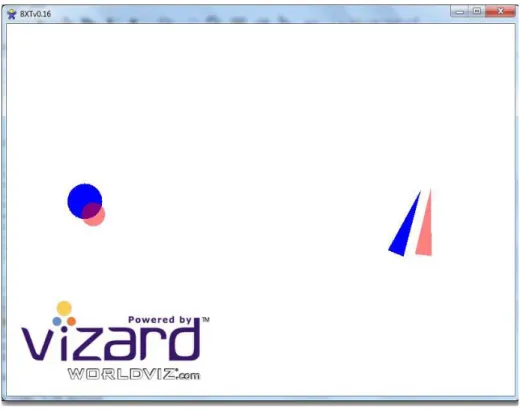 Figure 4.1 – Early two-dimensional, two-object version of the BCCT. The operator is tasked to  track the motion of a pair of blue targets on a computer screen using a pair of corresponding red  cursors