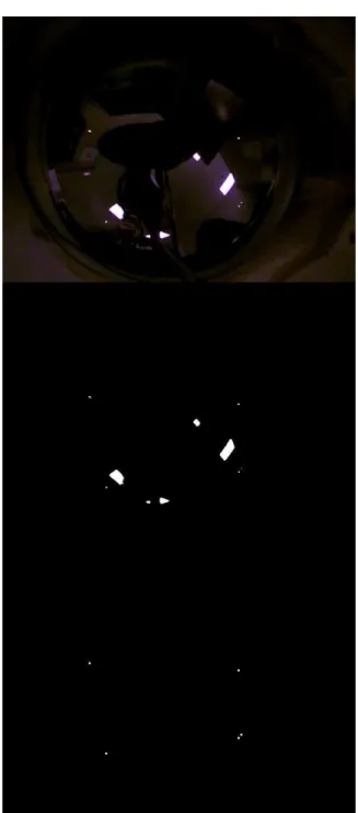 Figure 1: From top to bottom: The image is taken, the software performs a thresh- thresh-old on the image, and the lights are isolated
