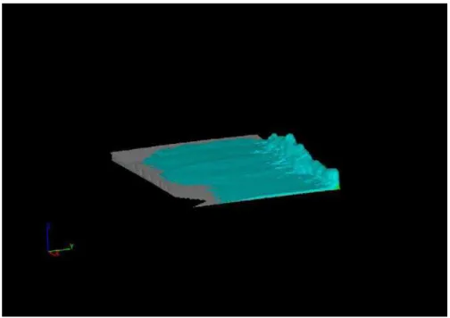 Figure 2b. Showing water flowing onto the deck in the CFD simulation. 