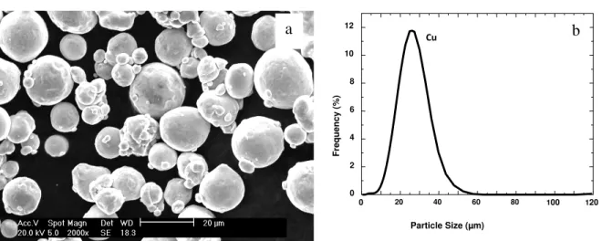 Figure 3 As-received copper powder: SEM micrograph (a) and particle size distribution (b)