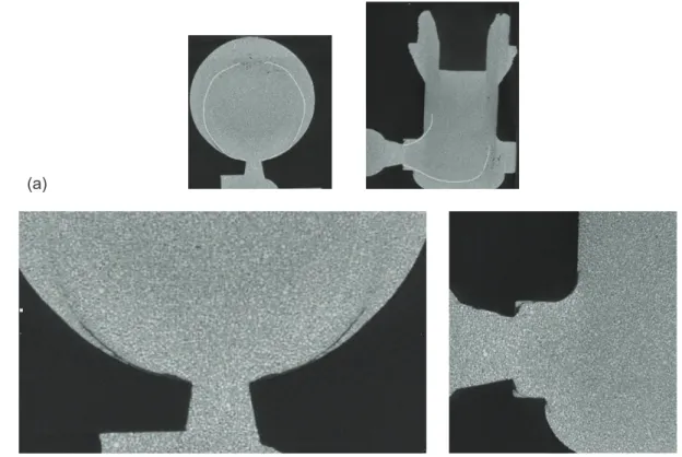 Figure 12. (a)MicroCT slices from the 88.3% short shot with high resolution zoom of the gate area, the hairline  defect is highlighted with white lines, (b) Details close to the gate area 