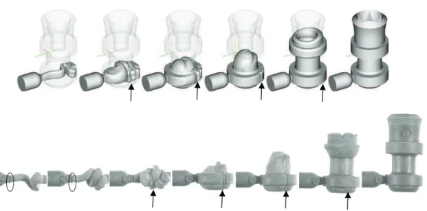 Figure 8. Mold filling simulation (top) and short shots (bottom) at 100mm/s injection speed (CpTi-45µm)         