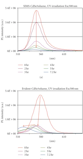 Figure 11: Emission spectra for the comparison of the photostabil- photostabil-ity after UV-irradiation of CdSe QD ensembles from (a) SIMS-NRC and from (b) Evident Technologies