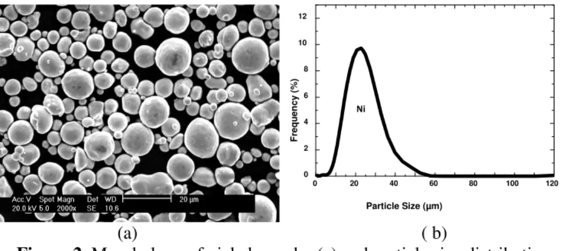 Figure 2. Morphology of nickel powder (a) and particle size distribution 