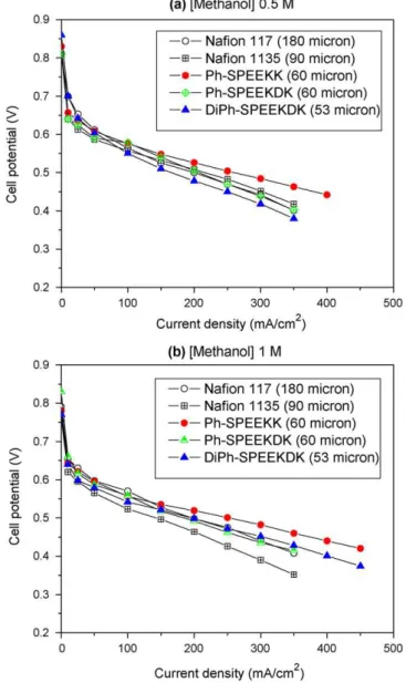 Fig. 1. DMFC performance of the polymers: (a) methanol feed concentration 0.5 M and (b) methanol feed concentration 1 M