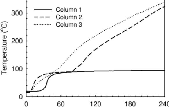 Figure 2. Temperature in the FRP for three of the columns 
