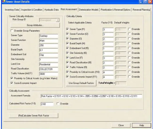 Figure 6: User interface for calculating risk factors for a sewer segment 