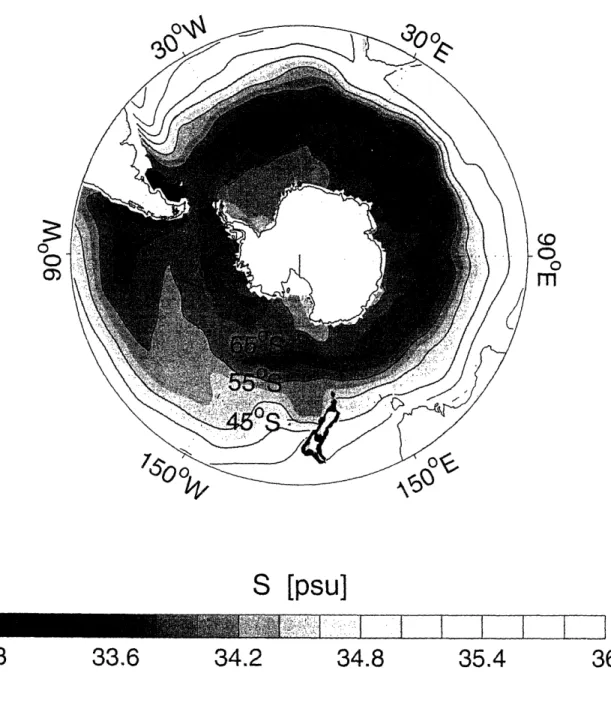 Figure  1-2:  Annual  mean  surface  salinity  distribution  in  the  Southern  Ocean  based on  the  World  Ocean  Atlas  2001  (Conkright  et  al.,  2002)