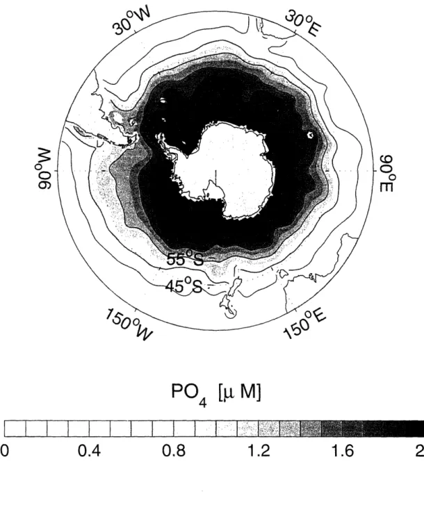 Figure  1-13:  Annual  mean  surface  phosphate  distribution  in  the  Southern  Ocean based  on  the  World  Ocean  Atlas  2001  (Conkright  et  al.,  2002)