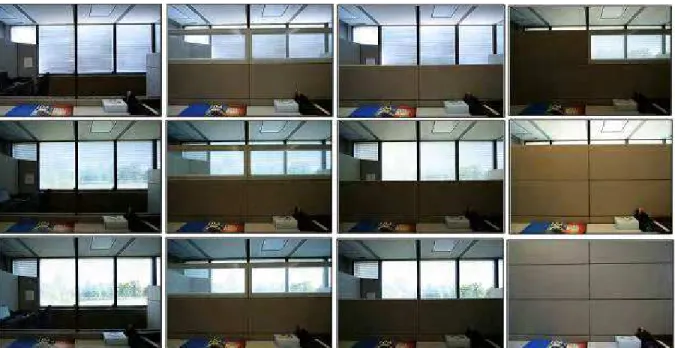 Figure 1. Images rated by the participants; in the first column, panel height:desk+, blinds: closed, tilted and  horizontal respectively; in the second column, panel height: seated privacy+, blinds: closed, tilted and horizontal  respectively; in the third