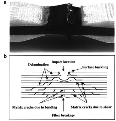 Figure  1-1:  Composite  damage  patterns.  a)  Delamination  between  interface  layers  in  a composite