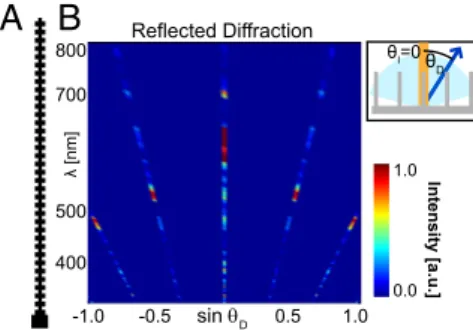 Fig. 3. Modeling of the expected diffraction patterns originating from the ordered array of gratings with 45° illumination