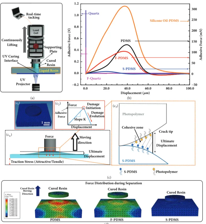 Figure 2: Comparison and simulation of the separation process and adhesive forces at curing interfaces