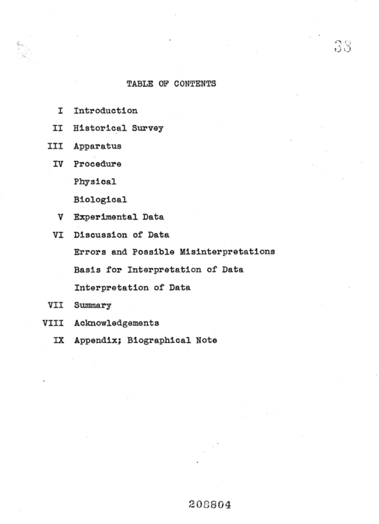 TABLE  OF  CONTENTS I  Introduction II  Historical  Survey III  Apparatus IV  Procedure Physical Biological V  Experimental  Data VI  Discussion  of  Data