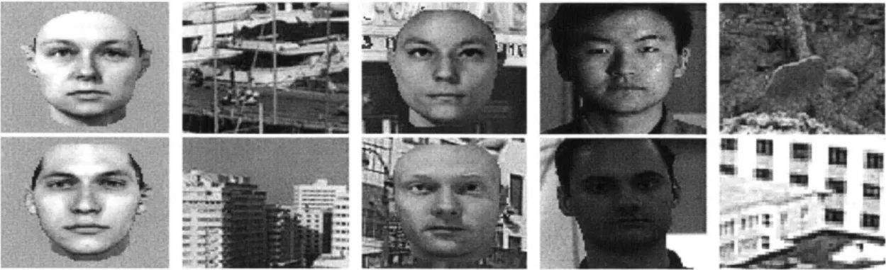 Figure  2-1:  Typical stimuli  used in our  experiments.  From  left to right:  Training  faces and  non-faces,  &#34;cluttered  (test) faces&#34;,  &#34;difficult  (test) faces&#34;  and  test  non-faces.