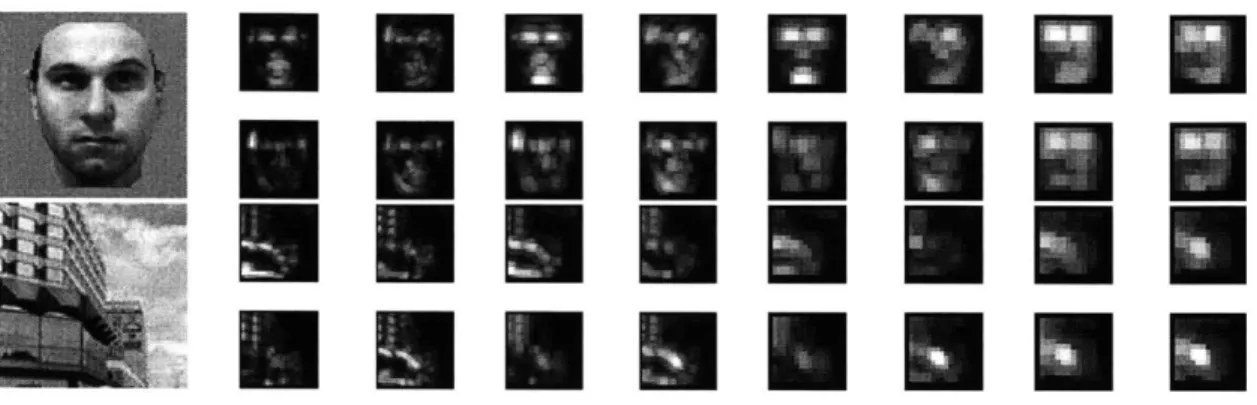 Figure  3-1:  C1  activations  of face  and  non-face  at  different  scale  bands.  Top  (from left  to  right):  Sample  synthetic  face,  C1  activation  of  face  at  band  1,  band  2,  band 3,  and  band  4