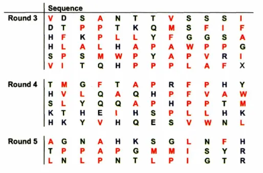 Table 2.2 Cobalt Platinum Binding Sequences from the Ph.D. 12 library Se uence Round 3 V 0 S A N T T V S S S I D T P P T K Q M S F I F H F K P L L Y F G G S A H L A L H A P A W P P G S p S M W P Y A P V R I V I T Q H P P P L A F X Round 4 T M G F T A P R F