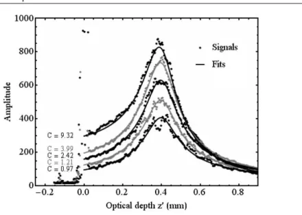 Figure 6. OCT average intensity profile for different scatterer concentrations (C, in 10 6 part mm −3 ).