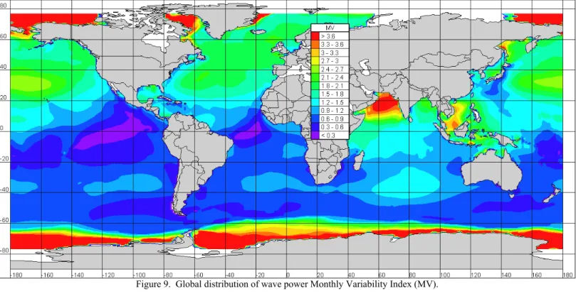 Figure 9.  Global distribution of wave power Monthly Variability Index (MV). 